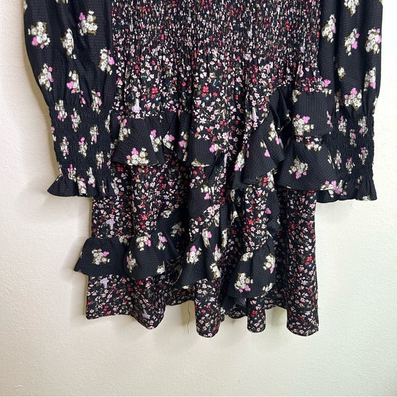 Rebecca Taylor 100% Silk Floral Smocked Long Sleeve Dress