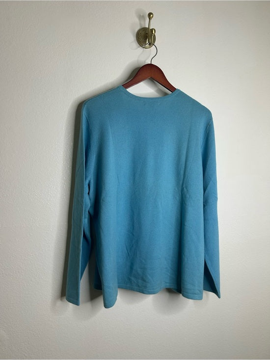 Land's End 100% Cashmere Teal Blue Crew Neck Knit Sweater