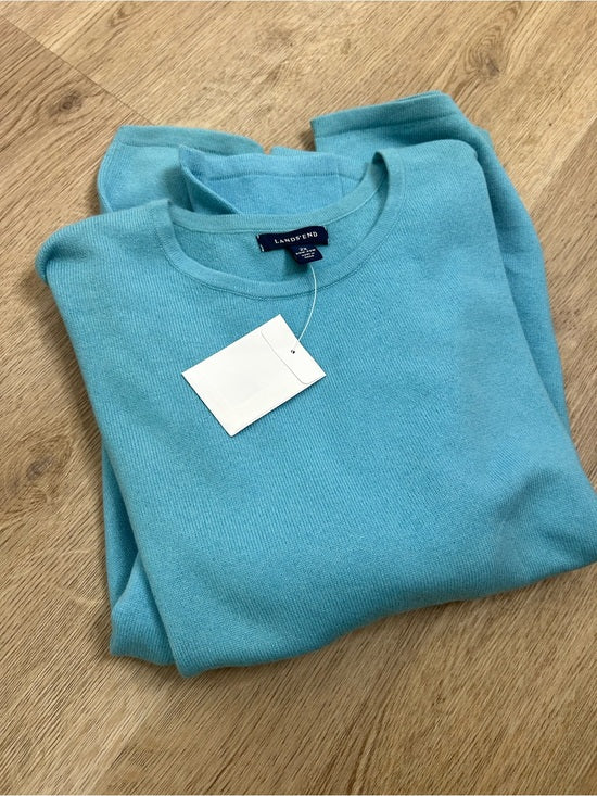 Land's End 100% Cashmere Teal Blue Crew Neck Knit Sweater