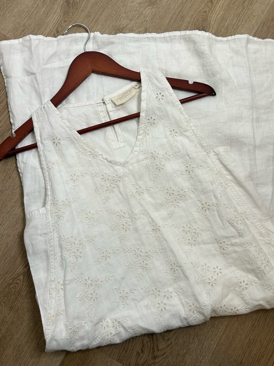 Reistor 100% Hemp White Cream Eyelet Floral Tank Midi Dress Relaxed Fit