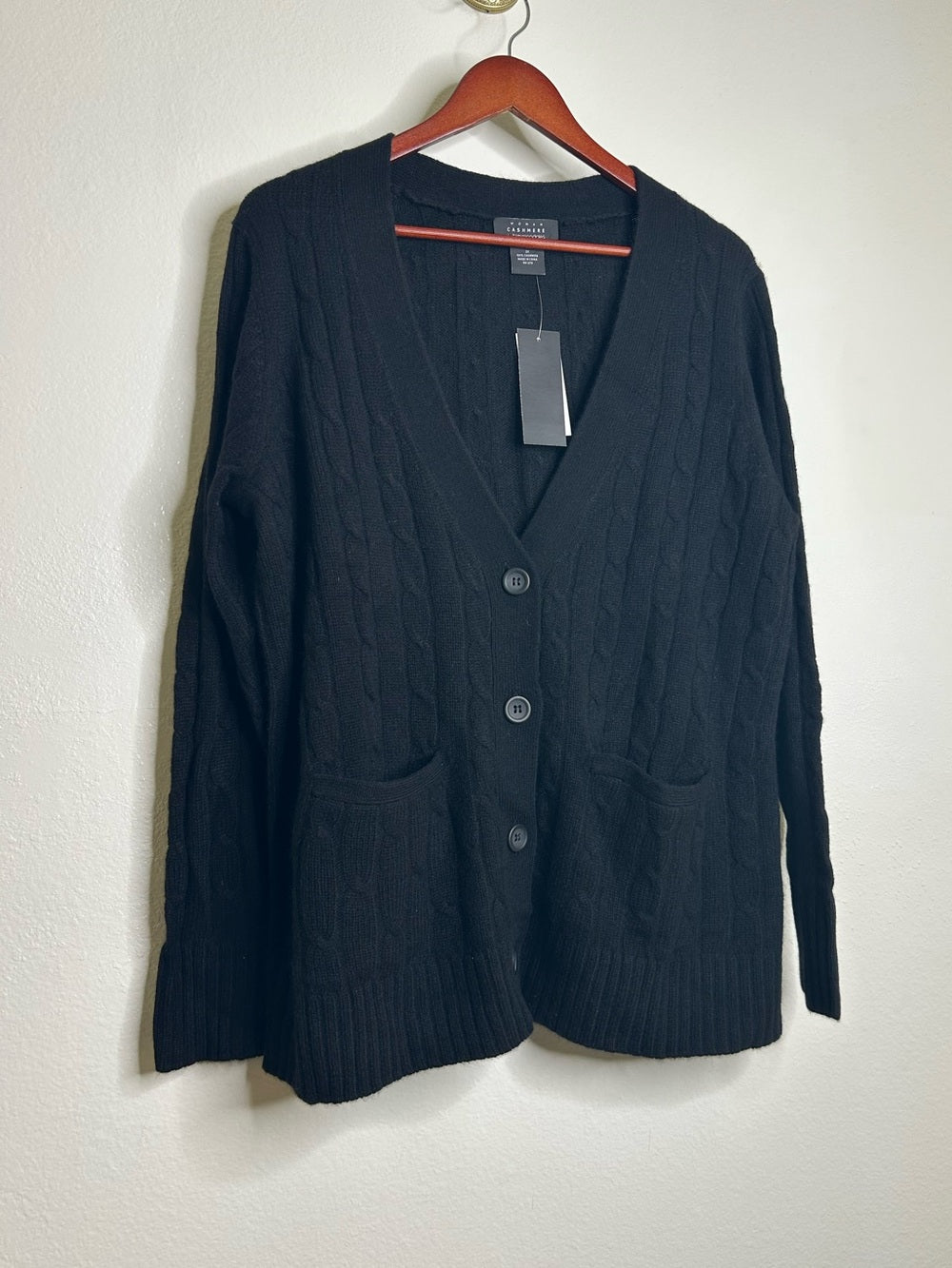 Bloomingdale's 100% Cashmere Black Cable Knit Button Down Cardigan Sweater