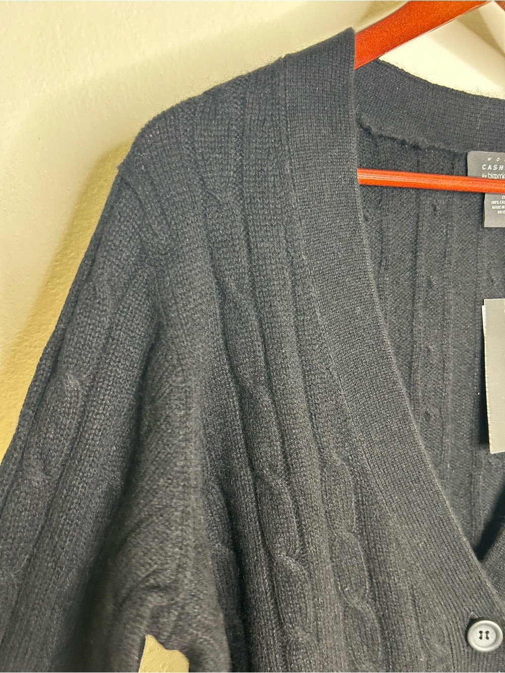 Bloomingdale's 100% Cashmere Black Cable Knit Button Down Cardigan Sweater