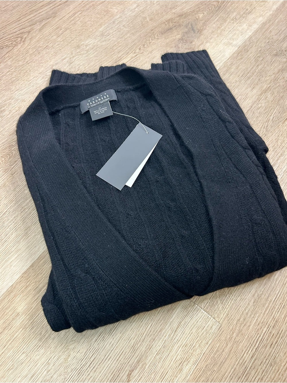 Bloomingdale's 100% Cashmere Black Cable Knit Button Down Cardigan Sweater