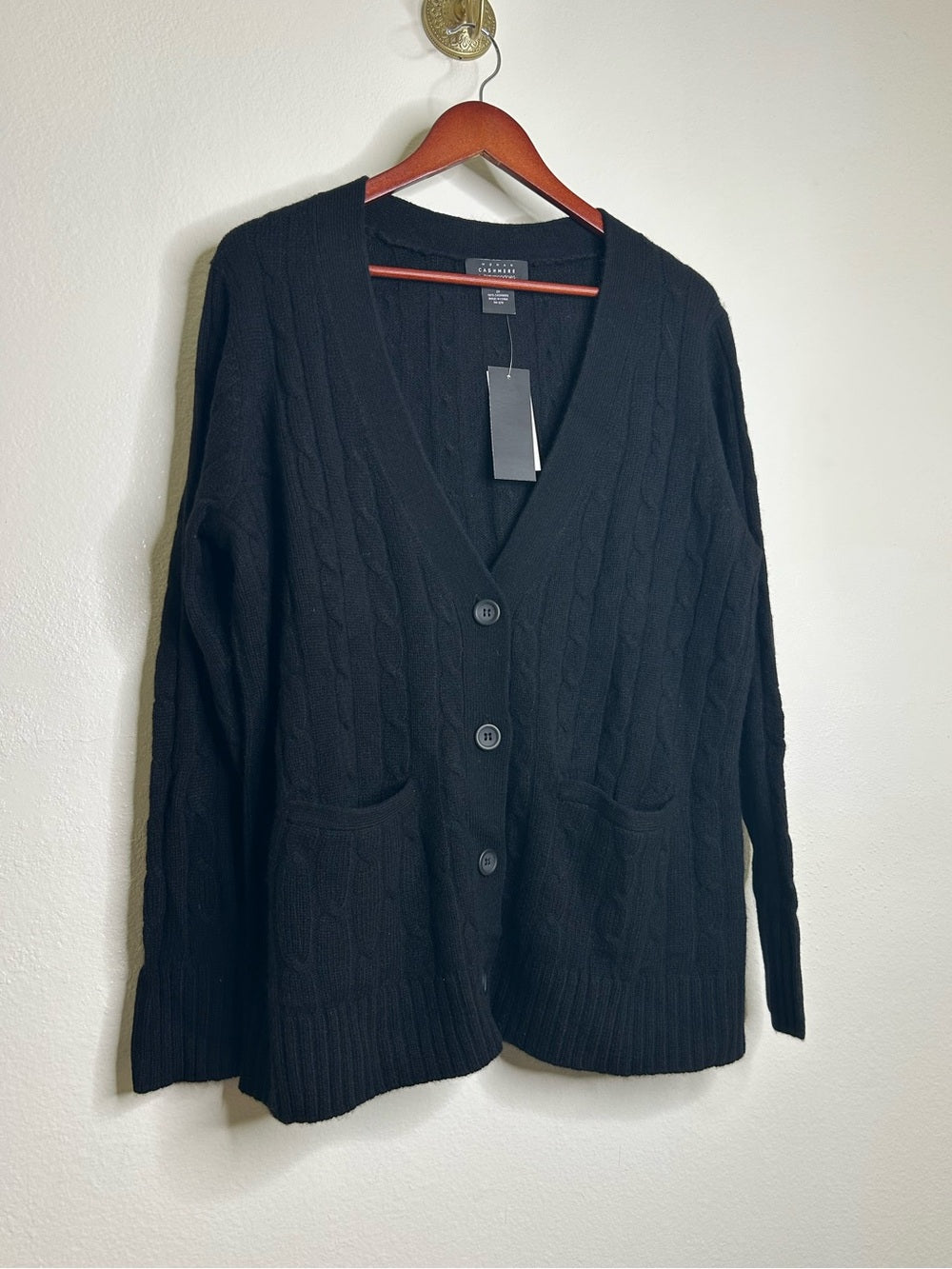 Bloomingdale's 100% Cashmere Black Cable Knit Button Down Cardigan Sweater