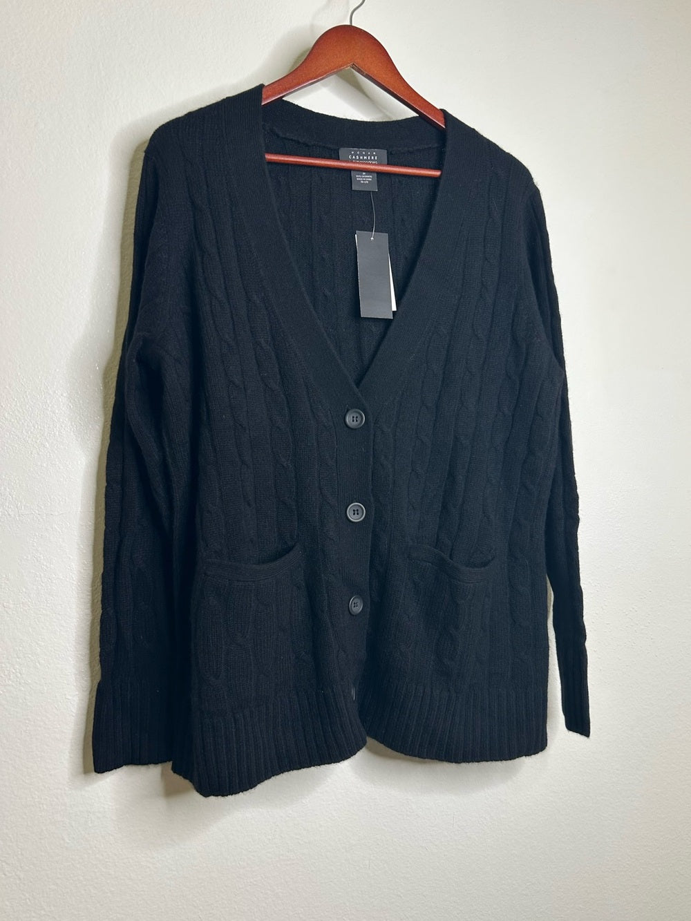 Bloomingdale's 100% Cashmere Black Cable Knit Button Down Cardigan Sweater