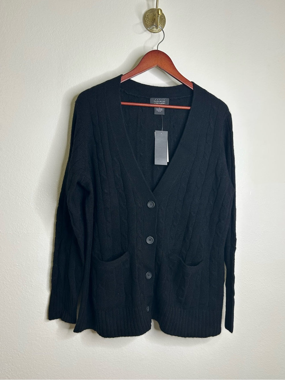 Bloomingdale's 100% Cashmere Black Cable Knit Button Down Cardigan Sweater