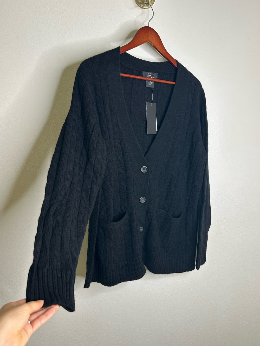 Bloomingdale's 100% Cashmere Black Cable Knit Button Down Cardigan Sweater