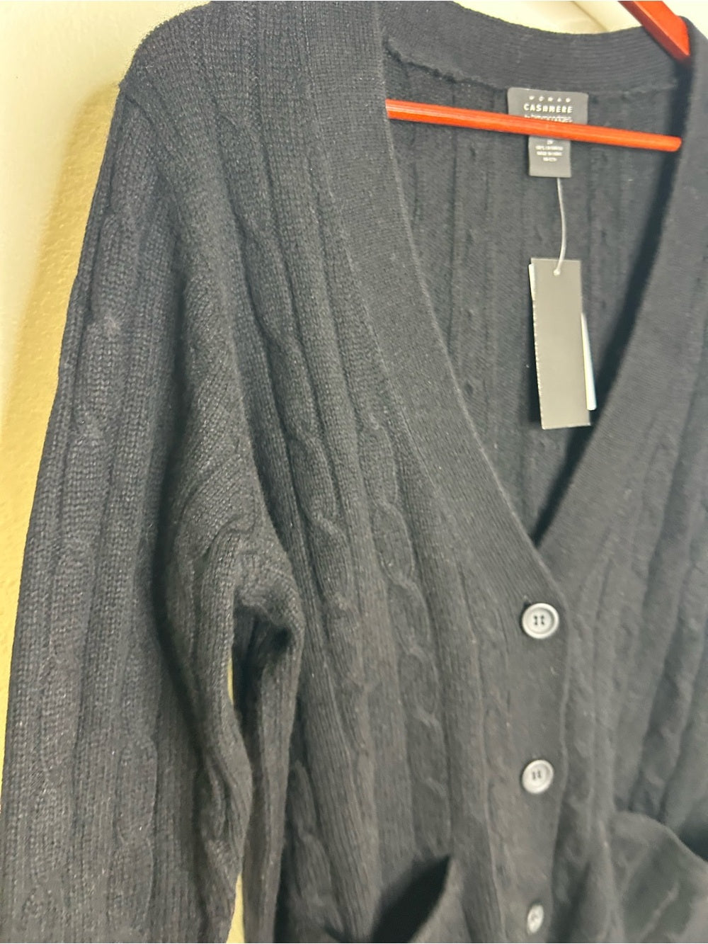 Bloomingdale's 100% Cashmere Black Cable Knit Button Down Cardigan Sweater