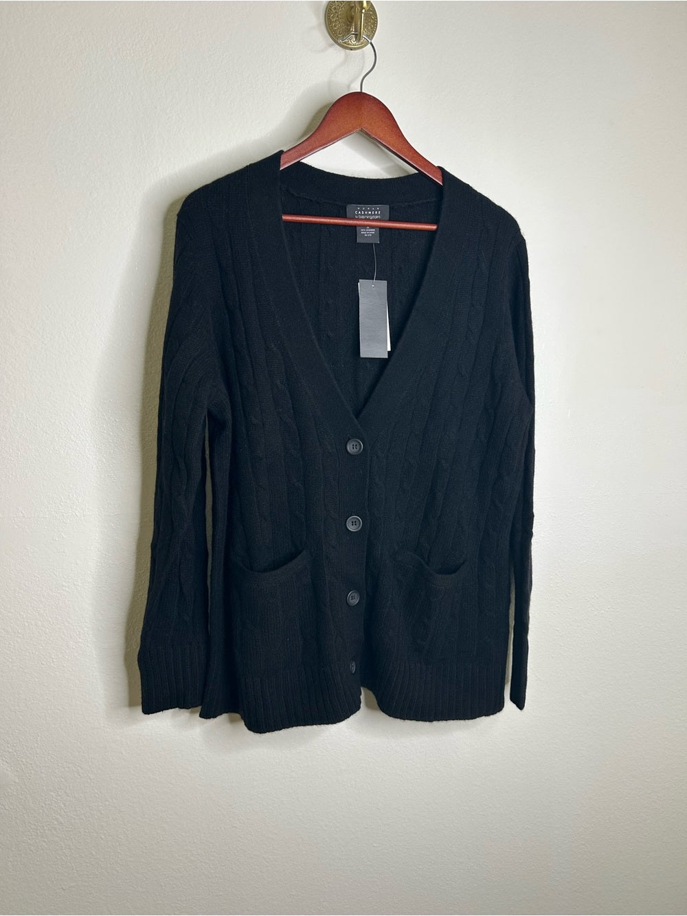 Bloomingdale's 100% Cashmere Black Cable Knit Button Down Cardigan Sweater