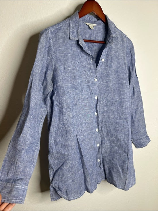 Garnet Hill 100% Linen Blue Button Down Long Sleeve Tunic Top