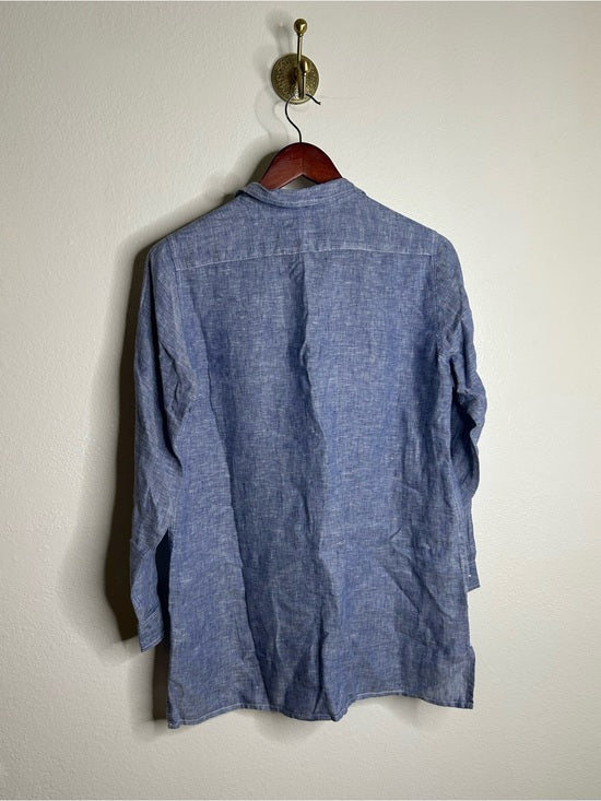 Garnet Hill 100% Linen Blue Button Down Long Sleeve Tunic Top