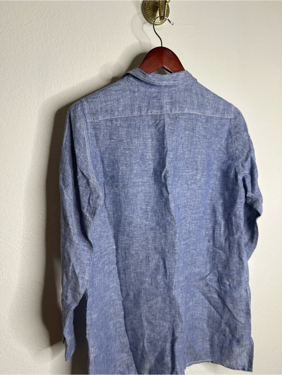 Garnet Hill 100% Linen Blue Button Down Long Sleeve Tunic Top