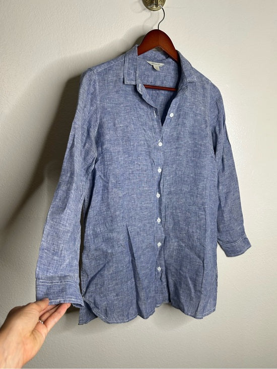 Garnet Hill 100% Linen Blue Button Down Long Sleeve Tunic Top