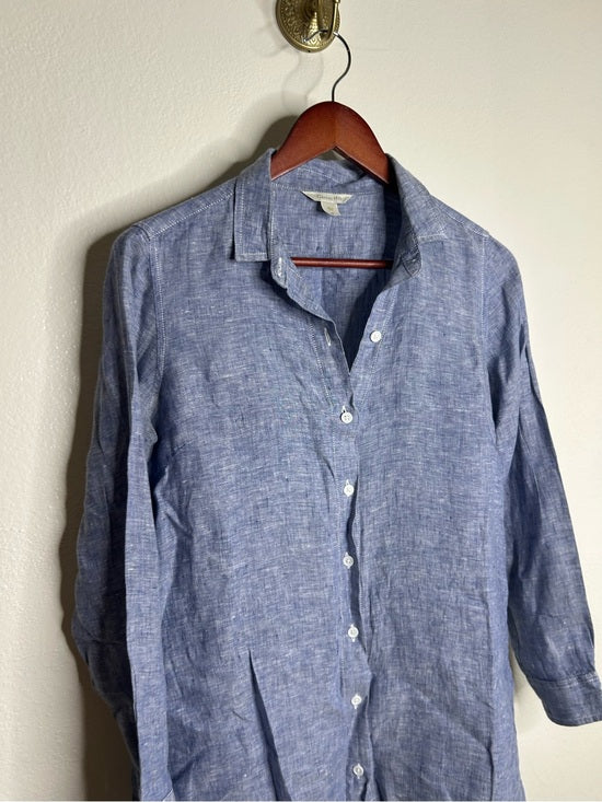 Garnet Hill 100% Linen Blue Button Down Long Sleeve Tunic Top