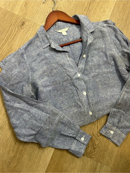 Garnet Hill 100% Linen Blue Button Down Long Sleeve Tunic Top