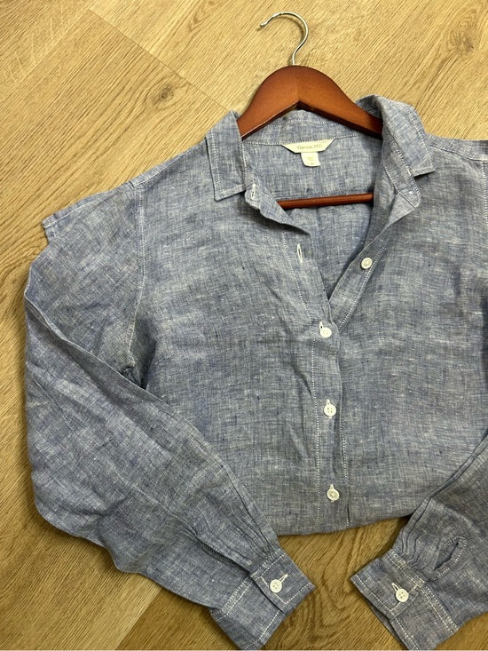Garnet Hill 100% Linen Blue Button Down Long Sleeve Tunic Top