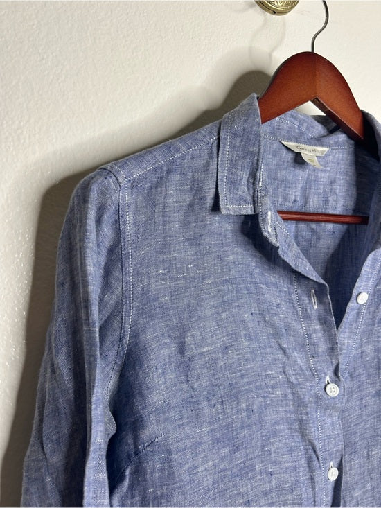 Garnet Hill 100% Linen Blue Button Down Long Sleeve Tunic Top