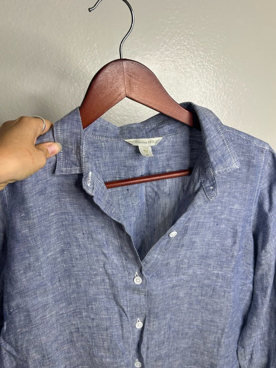 Garnet Hill 100% Linen Blue Button Down Long Sleeve Tunic Top