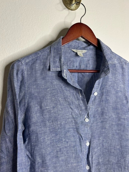 Garnet Hill 100% Linen Blue Button Down Long Sleeve Tunic Top