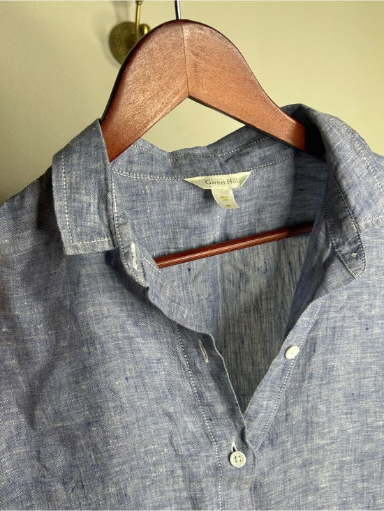 Garnet Hill 100% Linen Blue Button Down Long Sleeve Tunic Top