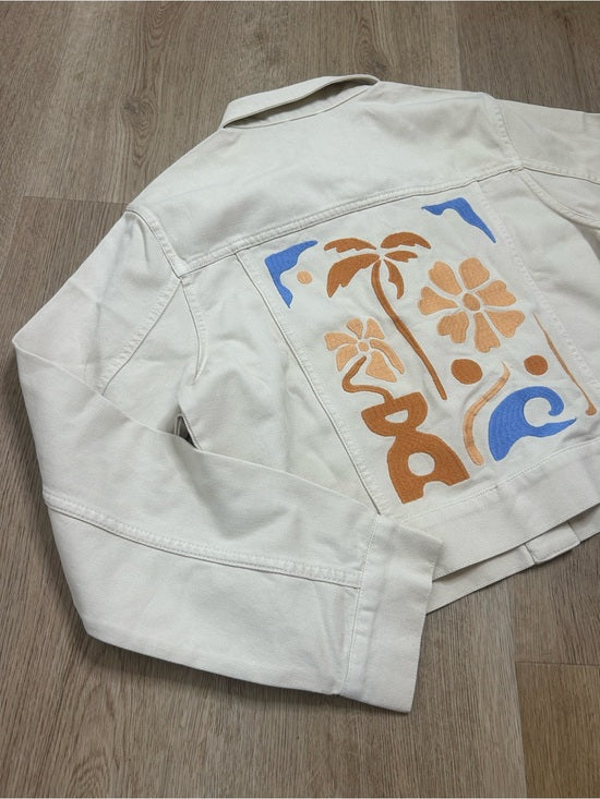 L*Space 100% Cotton Canvas Cream Embroidered Palm Tree Flower Capri Jacket