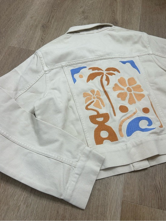 L*Space 100% Cotton Canvas Cream Embroidered Palm Tree Flower Capri Jacket
