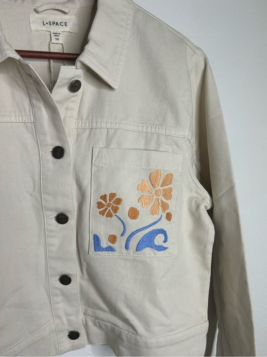L*Space 100% Cotton Canvas Cream Embroidered Palm Tree Flower Capri Jacket