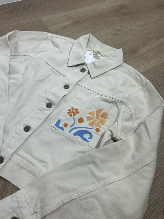 L*Space 100% Cotton Canvas Cream Embroidered Palm Tree Flower Capri Jacket