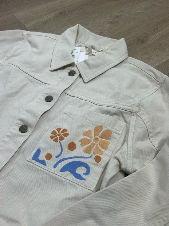 L*Space 100% Cotton Canvas Cream Embroidered Palm Tree Flower Capri Jacket