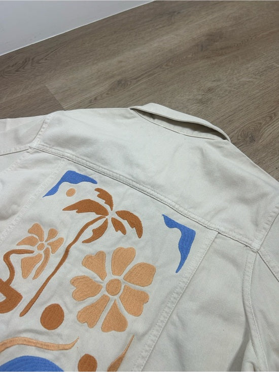 L*Space 100% Cotton Canvas Cream Embroidered Palm Tree Flower Capri Jacket