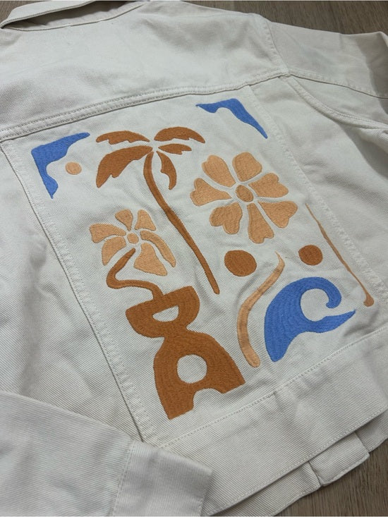 L*Space 100% Cotton Canvas Cream Embroidered Palm Tree Flower Capri Jacket