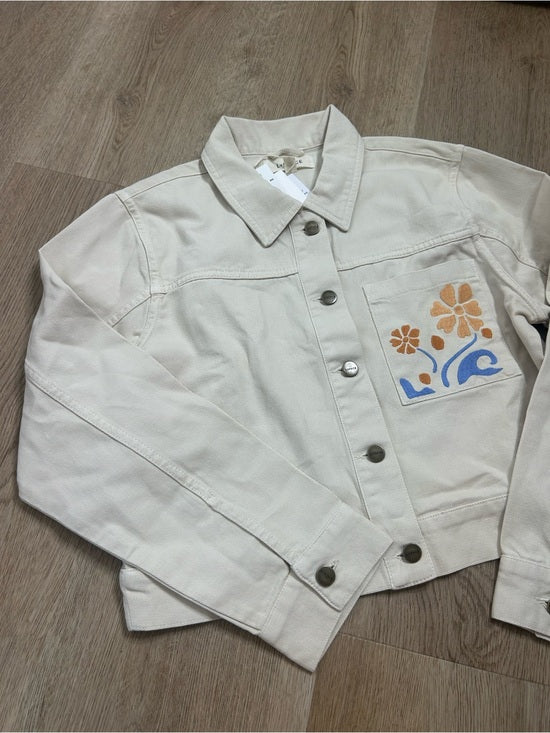 L*Space 100% Cotton Canvas Cream Embroidered Palm Tree Flower Capri Jacket