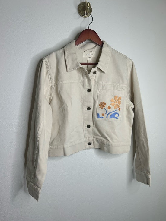 L*Space 100% Cotton Canvas Cream Embroidered Palm Tree Flower Capri Jacket