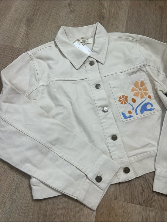 L*Space 100% Cotton Canvas Cream Embroidered Palm Tree Flower Capri Jacket