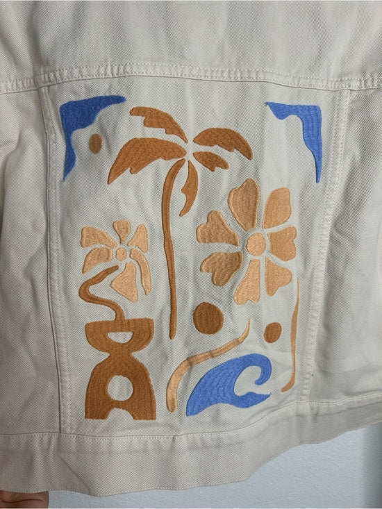 L*Space 100% Cotton Canvas Cream Embroidered Palm Tree Flower Capri Jacket