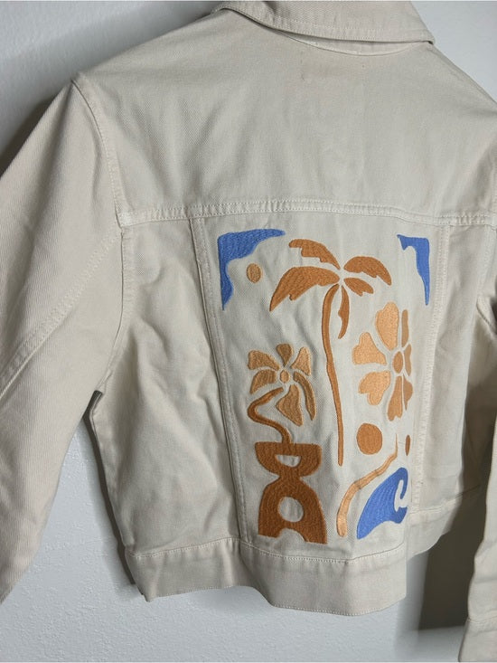 L*Space 100% Cotton Canvas Cream Embroidered Palm Tree Flower Capri Jacket