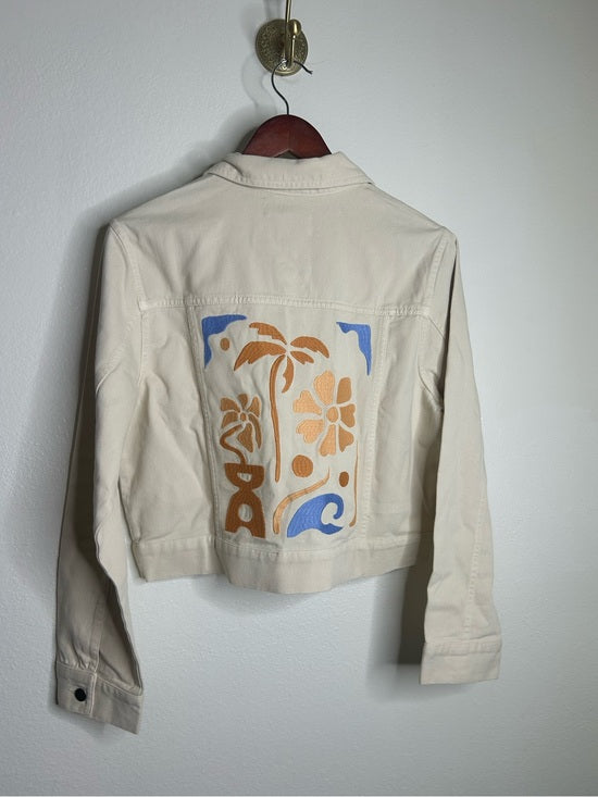 L*Space 100% Cotton Canvas Cream Embroidered Palm Tree Flower Capri Jacket