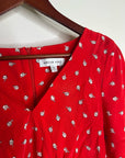 Amour Vert 100% Silk Red Floral Short Sleeve V - Neck Midi Dress