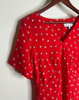 Amour Vert 100% Silk Red Floral Short Sleeve V - Neck Midi Dress