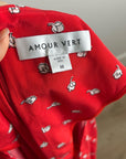 Amour Vert 100% Silk Red Floral Short Sleeve V - Neck Midi Dress