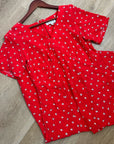 Amour Vert 100% Silk Red Floral Short Sleeve V - Neck Midi Dress