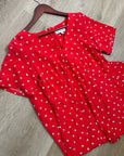 Amour Vert 100% Silk Red Floral Short Sleeve V - Neck Midi Dress