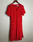 Amour Vert 100% Silk Red Floral Short Sleeve V - Neck Midi Dress