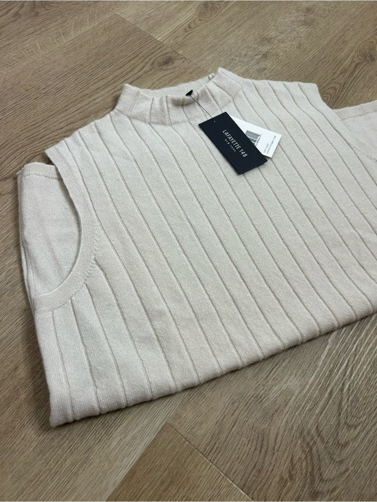 Lafayette 148 100% Cashmere Ecru Ribbed Turtleneck Sleeveless Sweater