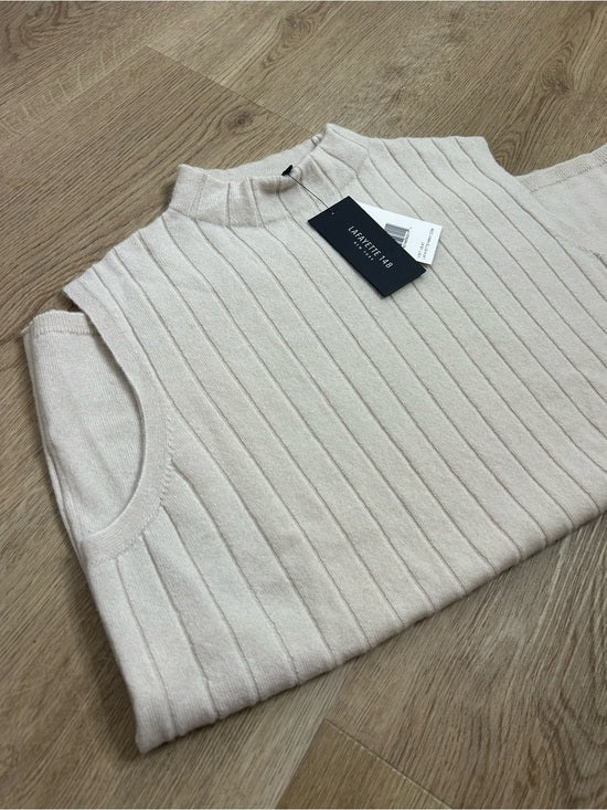 Lafayette 148 100% Cashmere Ecru Ribbed Turtleneck Sleeveless Sweater