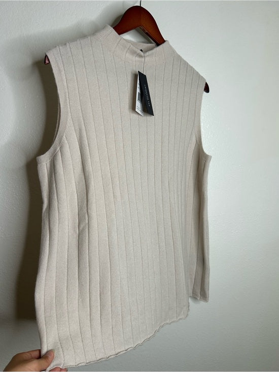 Lafayette 148 100% Cashmere Ecru Ribbed Turtleneck Sleeveless Sweater