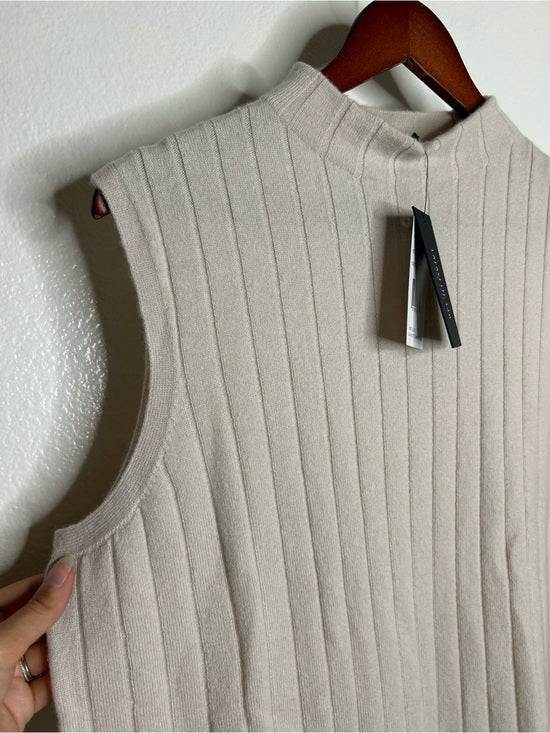 Lafayette 148 100% Cashmere Ecru Ribbed Turtleneck Sleeveless Sweater