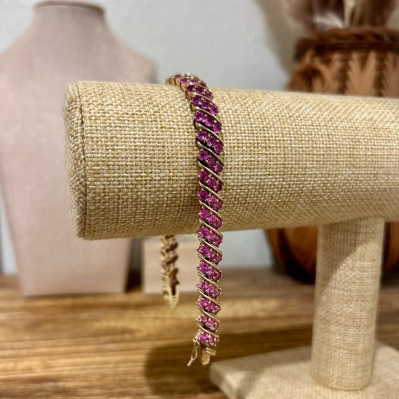 925 Sterling Silver Gold Plated Ruby Triple Stone All Around Bracelet