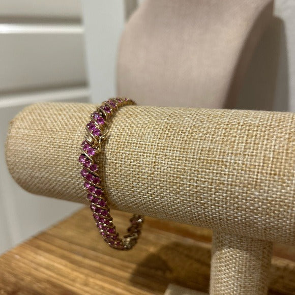 925 Sterling Silver Gold Plated Ruby Triple Stone All Around Bracelet