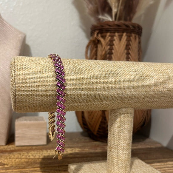 925 Sterling Silver Gold Plated Ruby Triple Stone All Around Bracelet